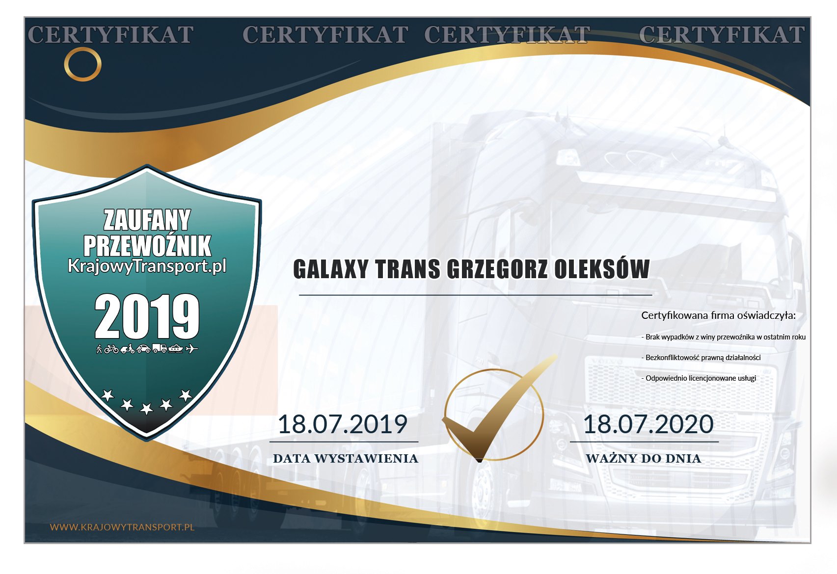 Certyfikat Galaxy Trans